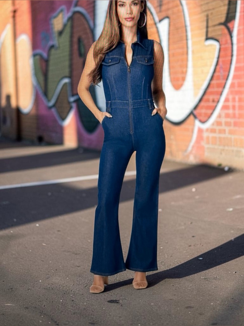 BeBe The Feminine Utility Flared Leg Jumpsuit Denim Women's Small NWT